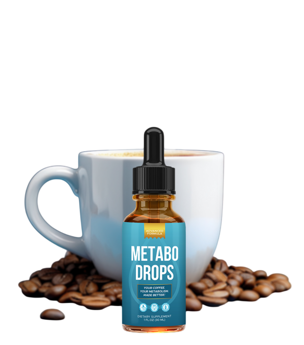 Metabo Drops bottle with coffee showing metabolism boosting super coffee concept
